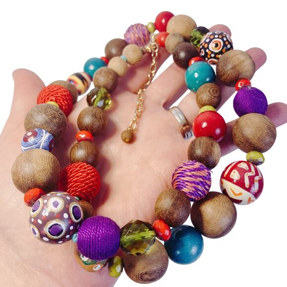 Colorful Chunky Painted Wood Bead Global Style Necklace Boho Bold Folk Graziano? - Picture 3 of 11